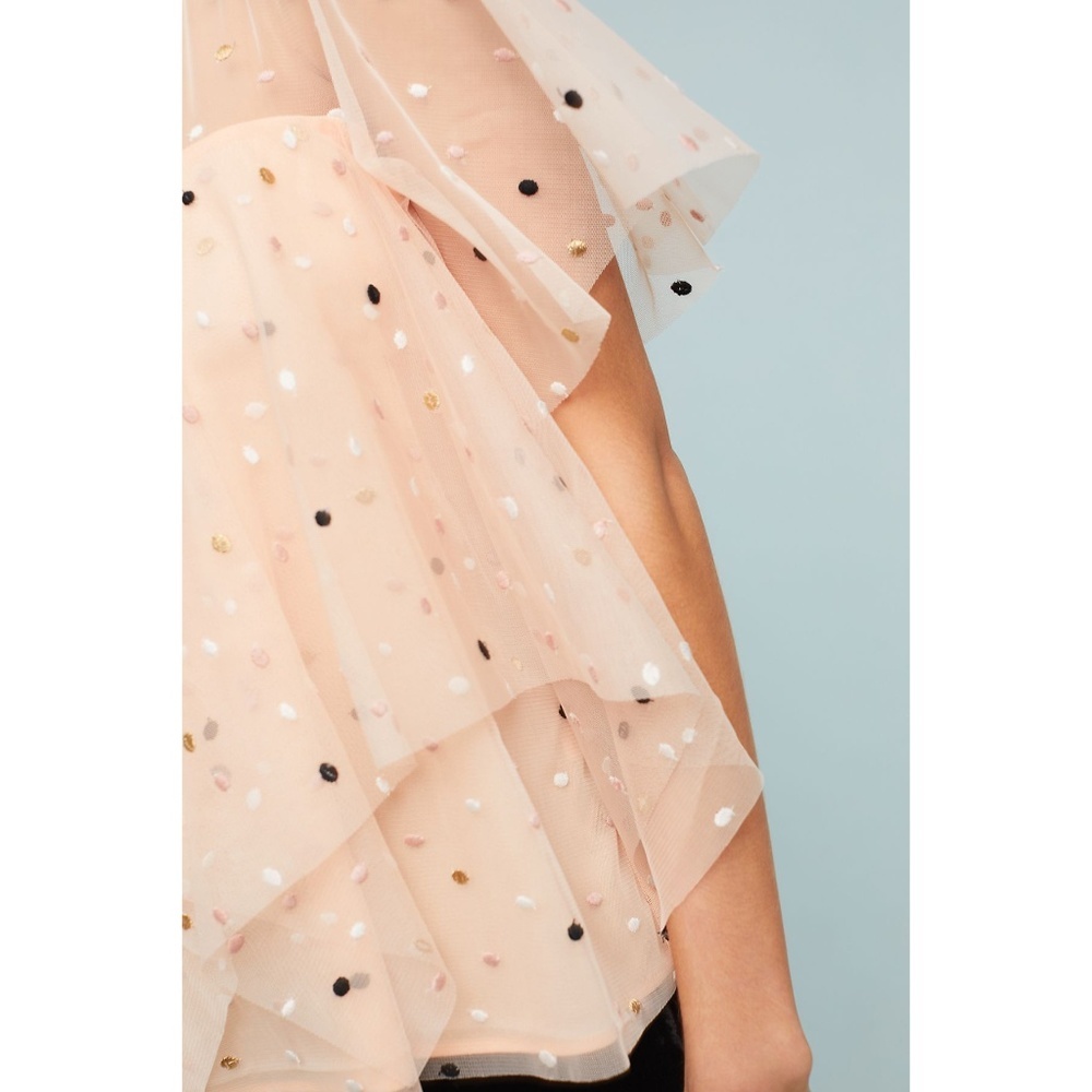 Eva Franco Anthropologie peach apricot mesh layered Polka Dot Top short sleeve - Picture 3 of 8